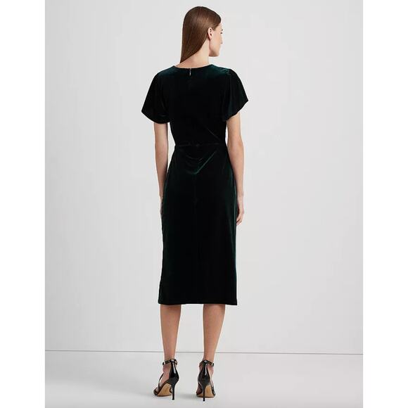 Lauren Ralph Lauren Velvet Flutter Sleeve Cocktail Midi Dress Green US 16 NWT - Picture 4 of 14